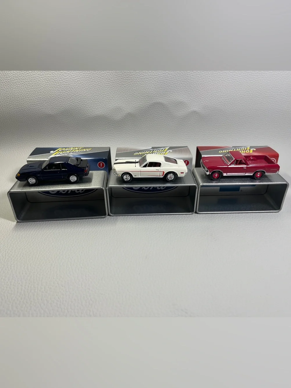 Johnny Lightning Collector Tin 3 Car Set 2 Mustang 1 El Camino